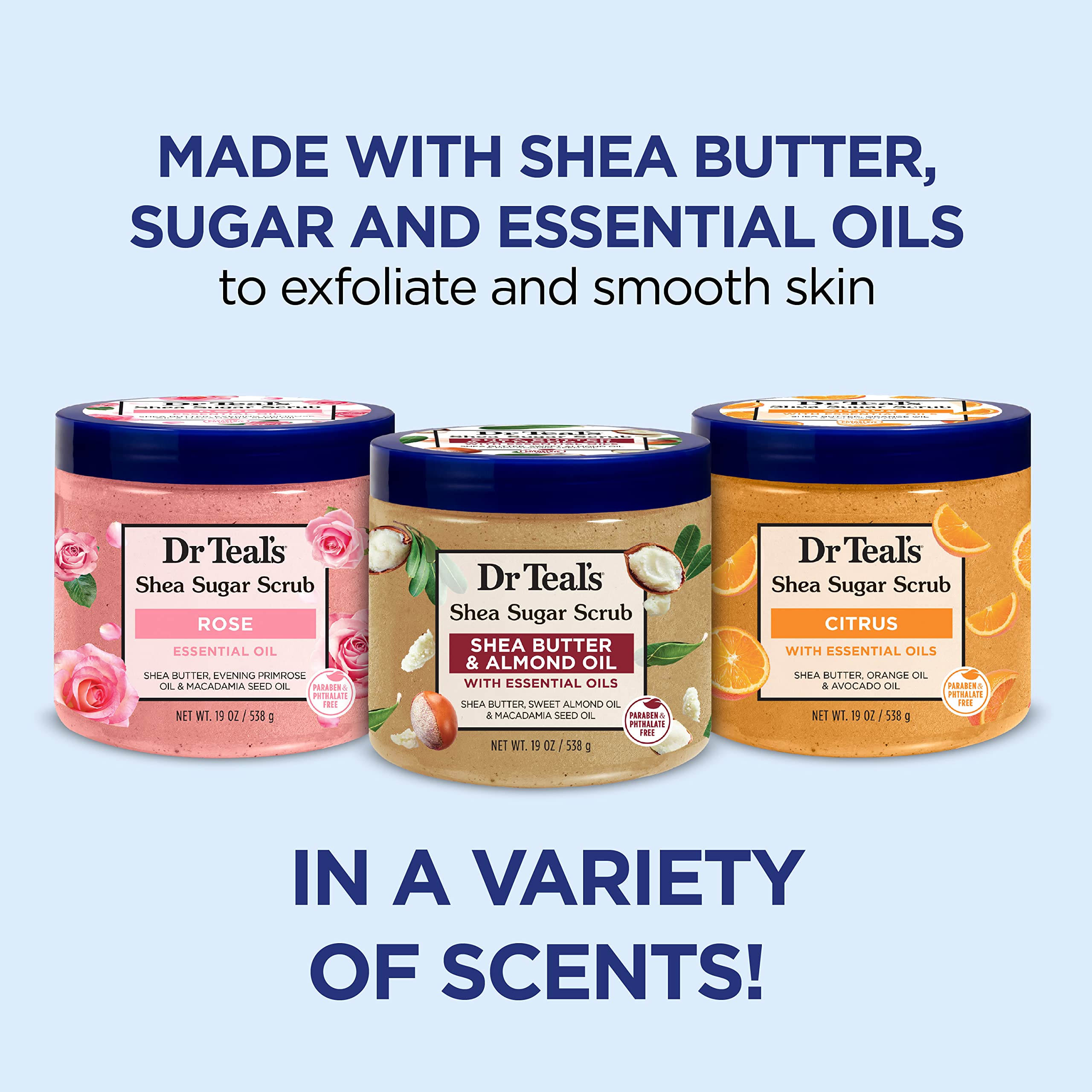 Dr Teal's Shea Sugar Scrub Trial Pack, Rose, Shea Butter, Citrus 19 oz (Pack of 3)